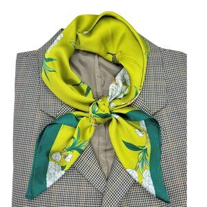 ✨Chic Silky Square Scarf Bright Green Butterfly White Floral Print Head Bandana✨